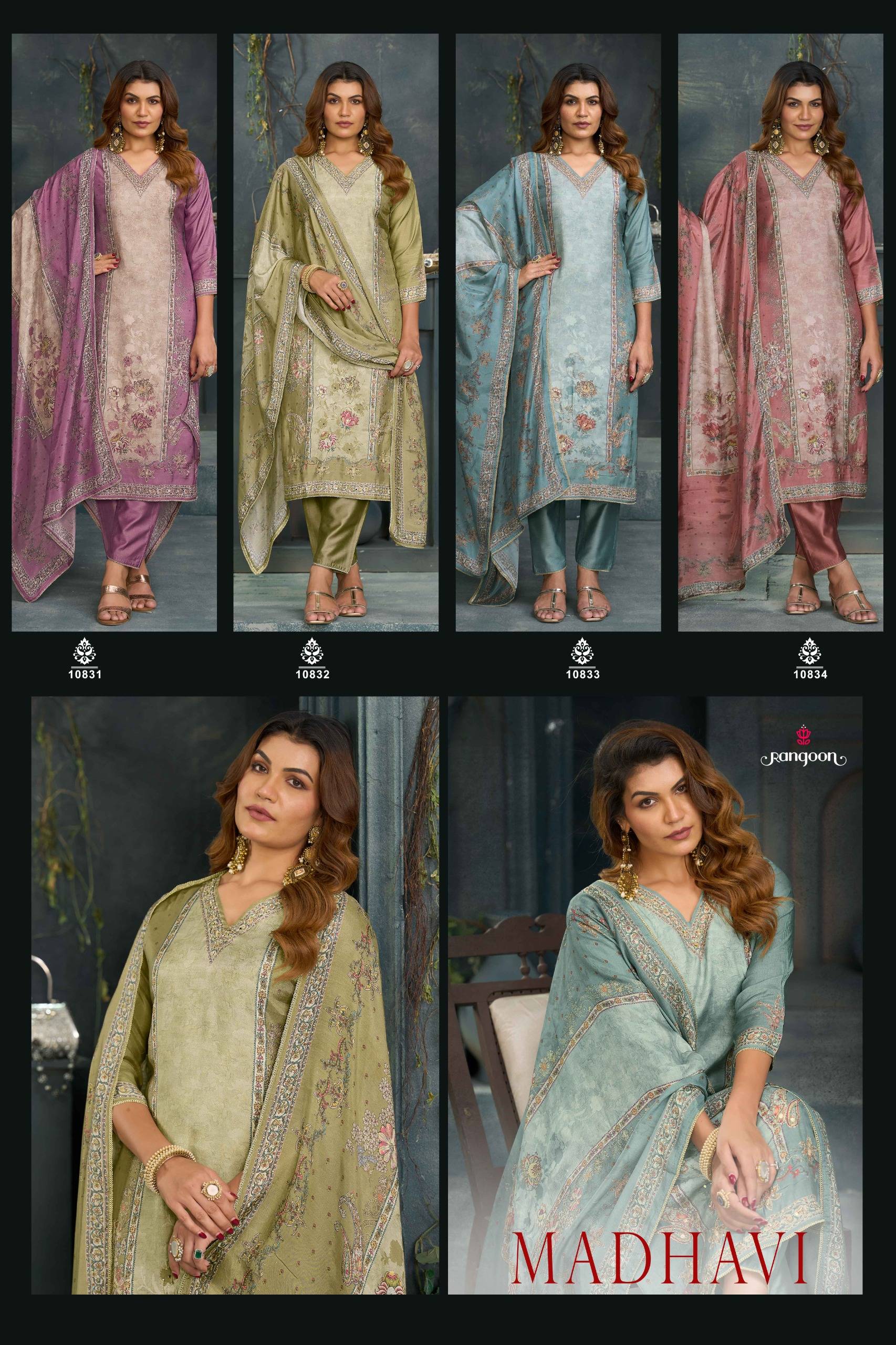 MADHAVI BY Rangoon 10831 to 10834 series Stylish Fancy stitched dresses pure muslin At Wholesale Price